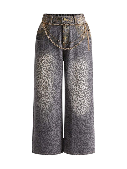 Plus Size Y2K Leopard Print Rhinestone Chain Flare Jeans