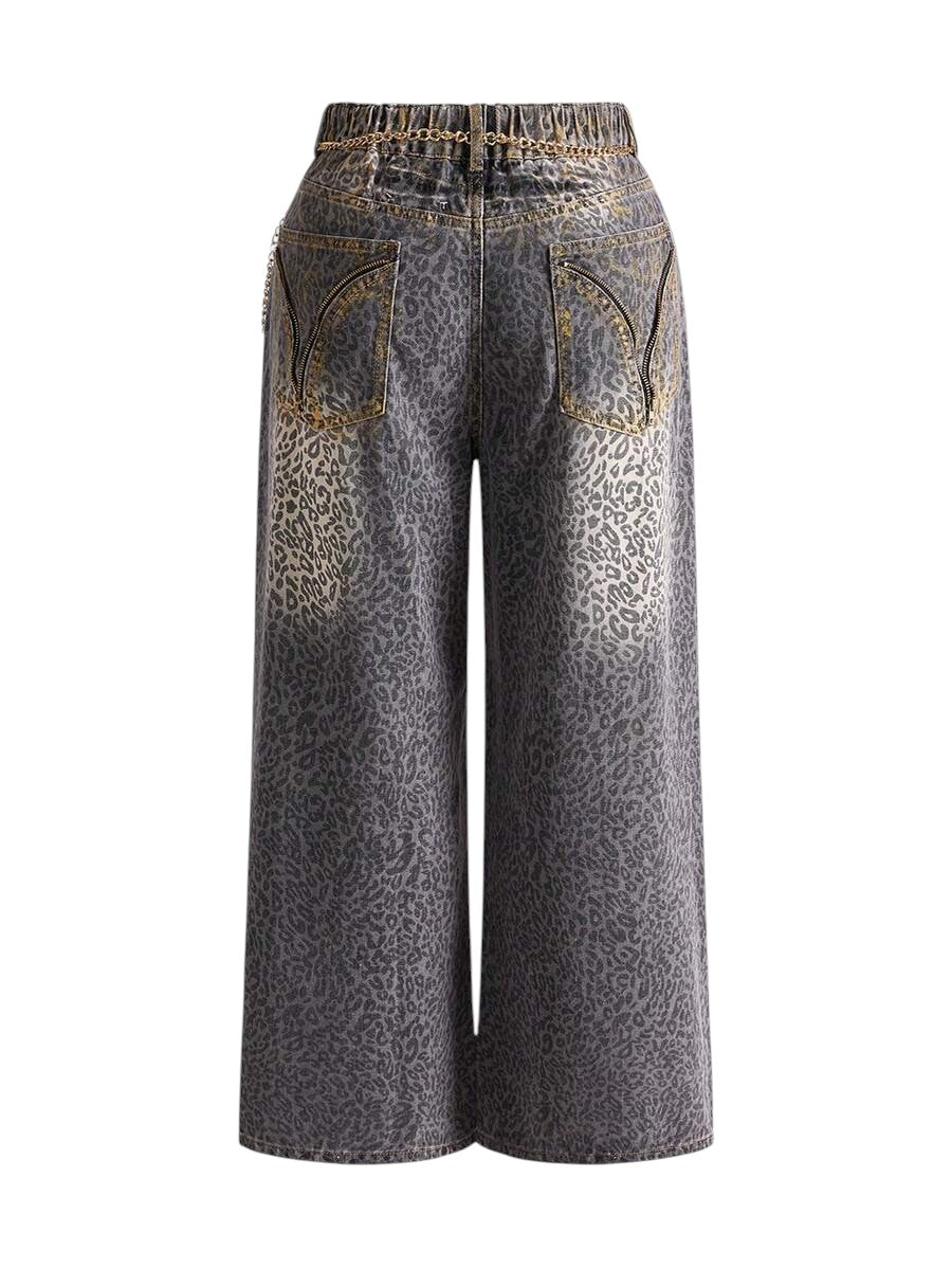 Plus Size Y2K Leopard Print Rhinestone Chain Flare Jeans