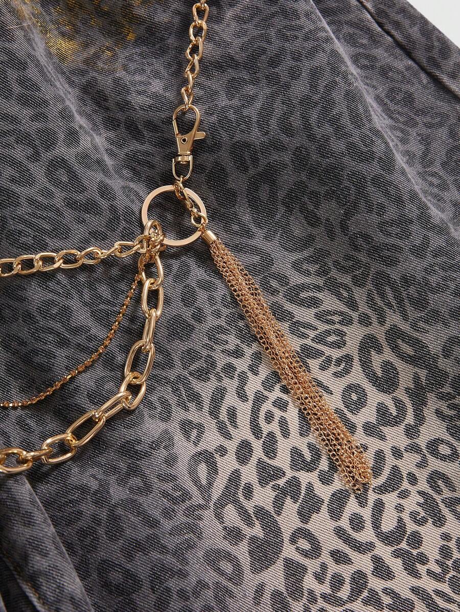 Plus Size Y2K Leopard Print Rhinestone Chain Flare Jeans