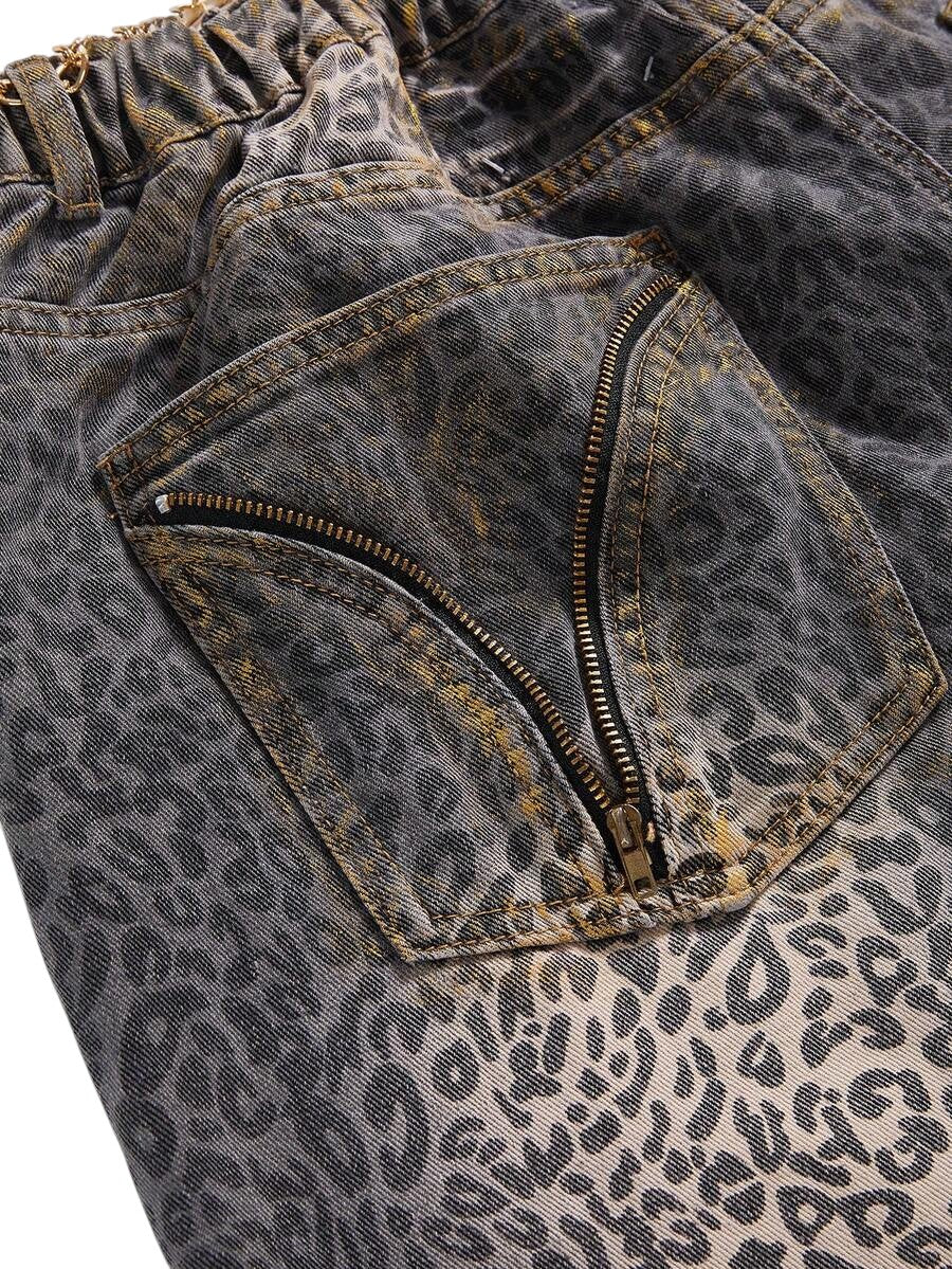 Plus Size Y2K Leopard Print Rhinestone Chain Flare Jeans