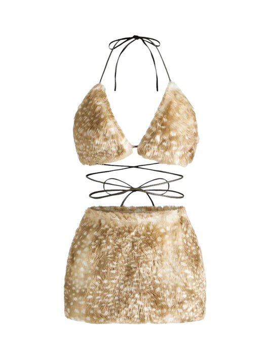 Vintage Deer Spot Print Fluffy Halter Top & Mini Skirt Y2K Co-Ord Set