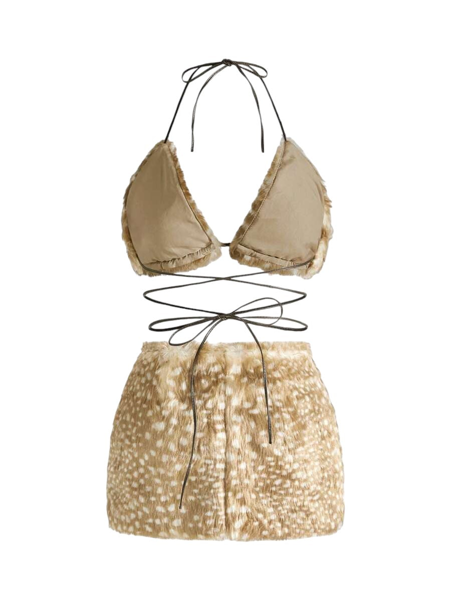 Vintage Deer Spot Print Fluffy Halter Top & Mini Skirt Y2K Co-Ord Set