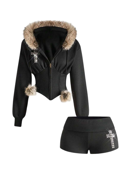 Avant K-Pop Rhinestone Velvet Hoodie & Wide Leg Pants Y2K Co-Ord Set