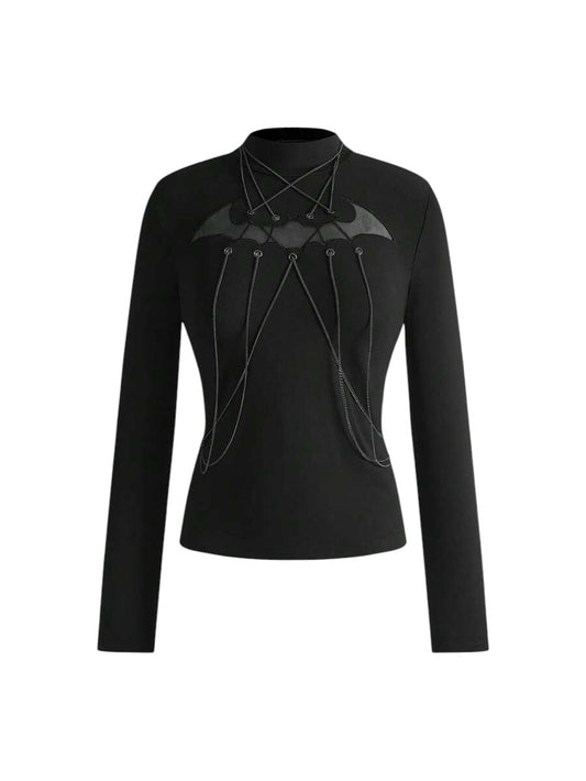 Women's Gothic Bat Embroidered Hollow-Out Slim Fit T-Shirt