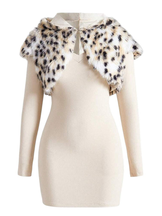 Vintage Leopard Faux Fur Vest & V-Neck Long Sleeve Dress Set