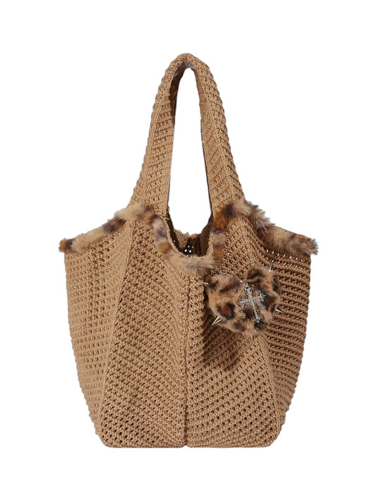 Leopard Knit Heart Rivet Large Capacity Shoulder Tote Bag
