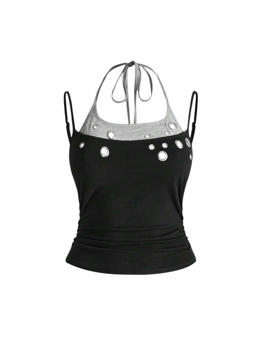 Black Y2K Eyelet Detail K-Pop Streetwear Tank Top