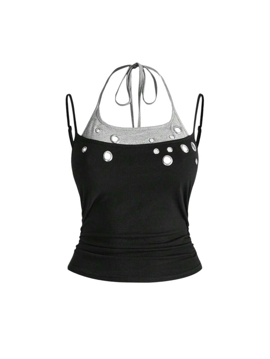 Black Y2K Eyelet Detail K-Pop Streetwear Tank Top