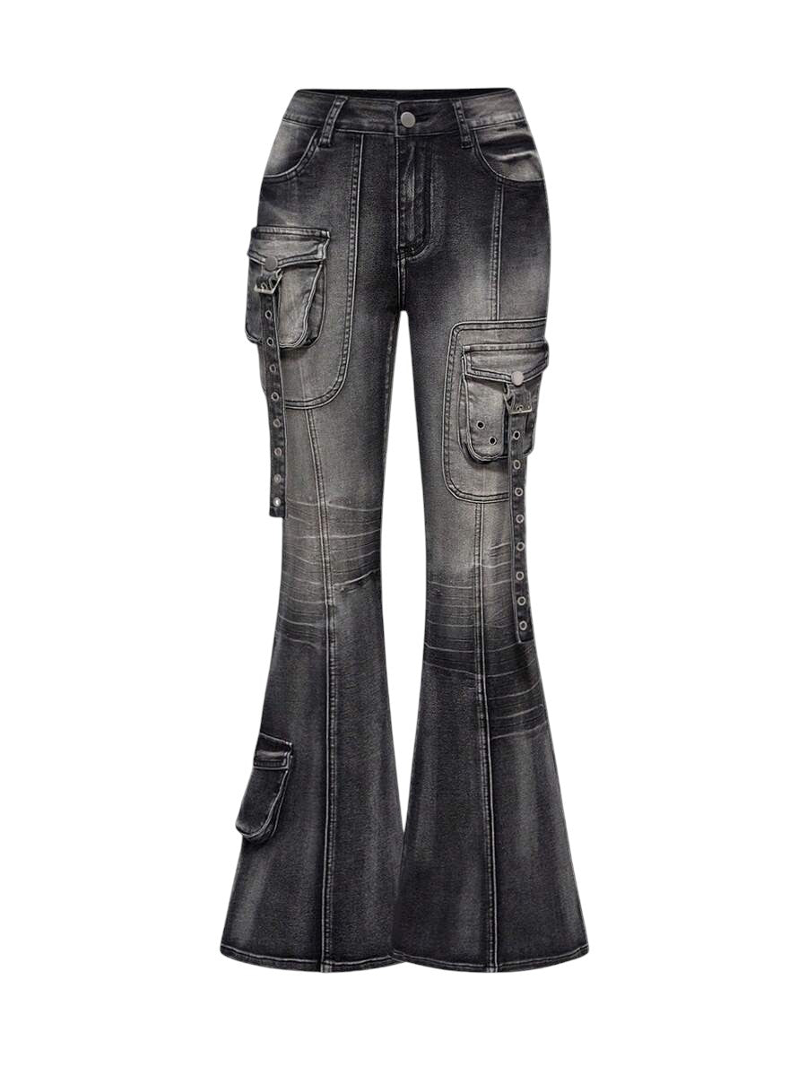 Grey Grunge Punk Super Low Rise Distressed Flare Jeans