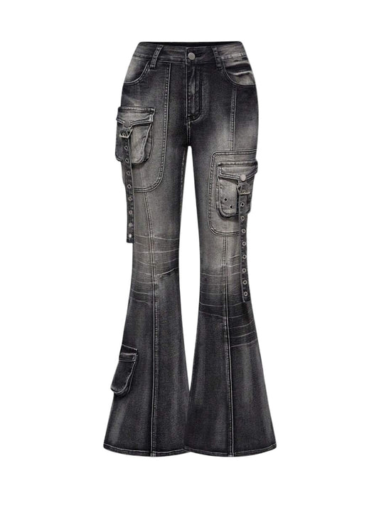 Grey Grunge Punk Super Low Rise Distressed Flare Jeans
