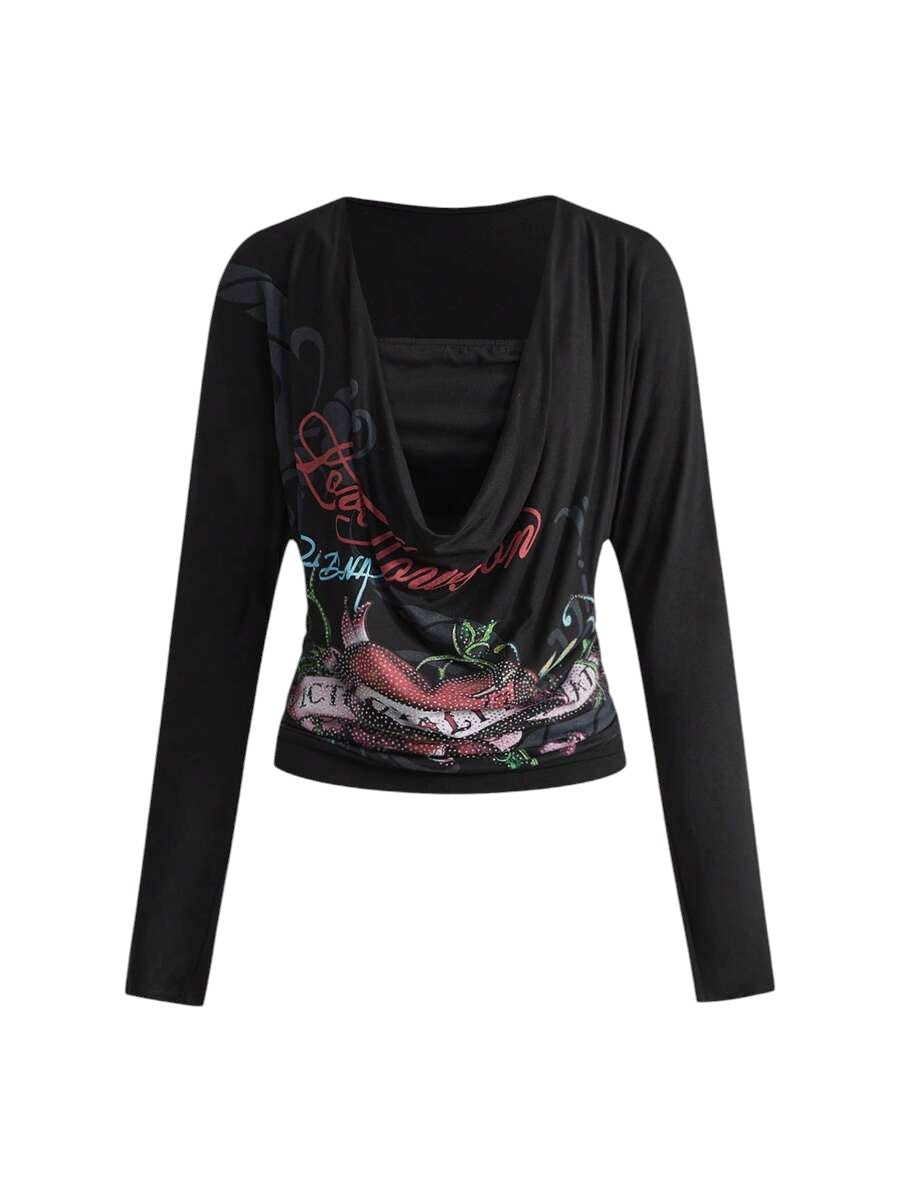 Women's Y2K Rhinestone Skull Print Draped Neck Batwing Blouse