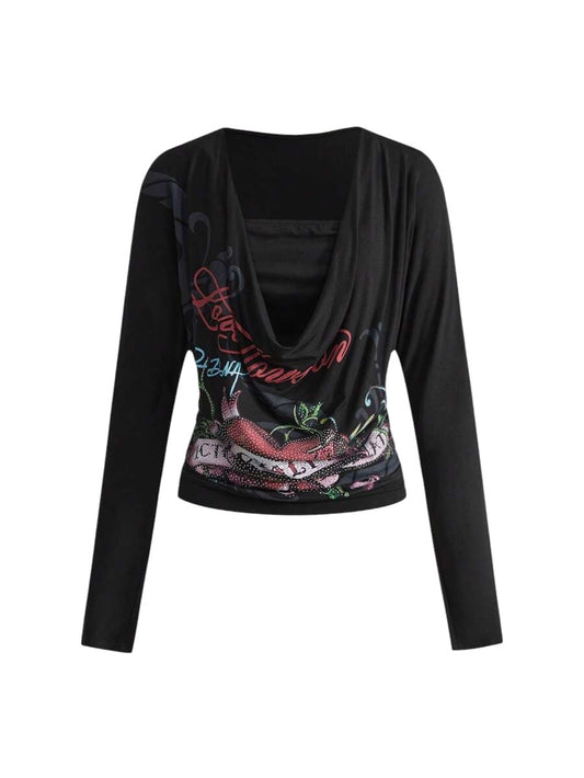 Women's Y2K Rhinestone Skull Print Draped Neck Batwing Blouse