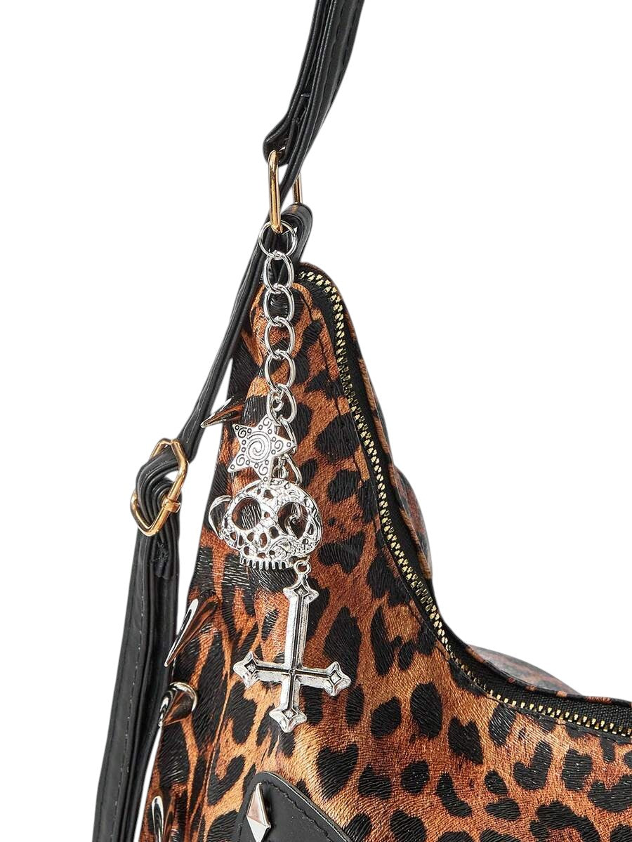 Vintage Leopard Butterfly Studded Shoulder Bag with Chain Charm