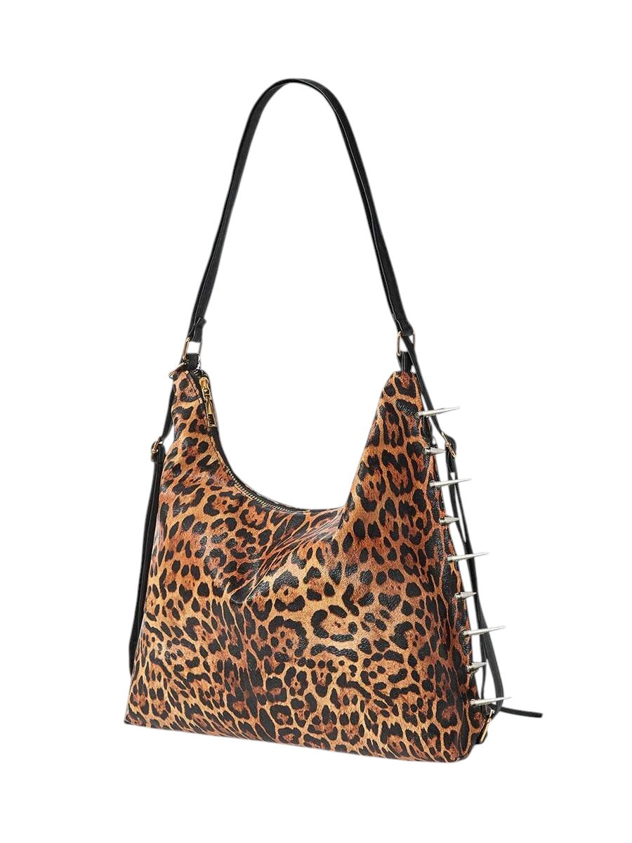 Vintage Leopard Butterfly Studded Shoulder Bag with Chain Charm