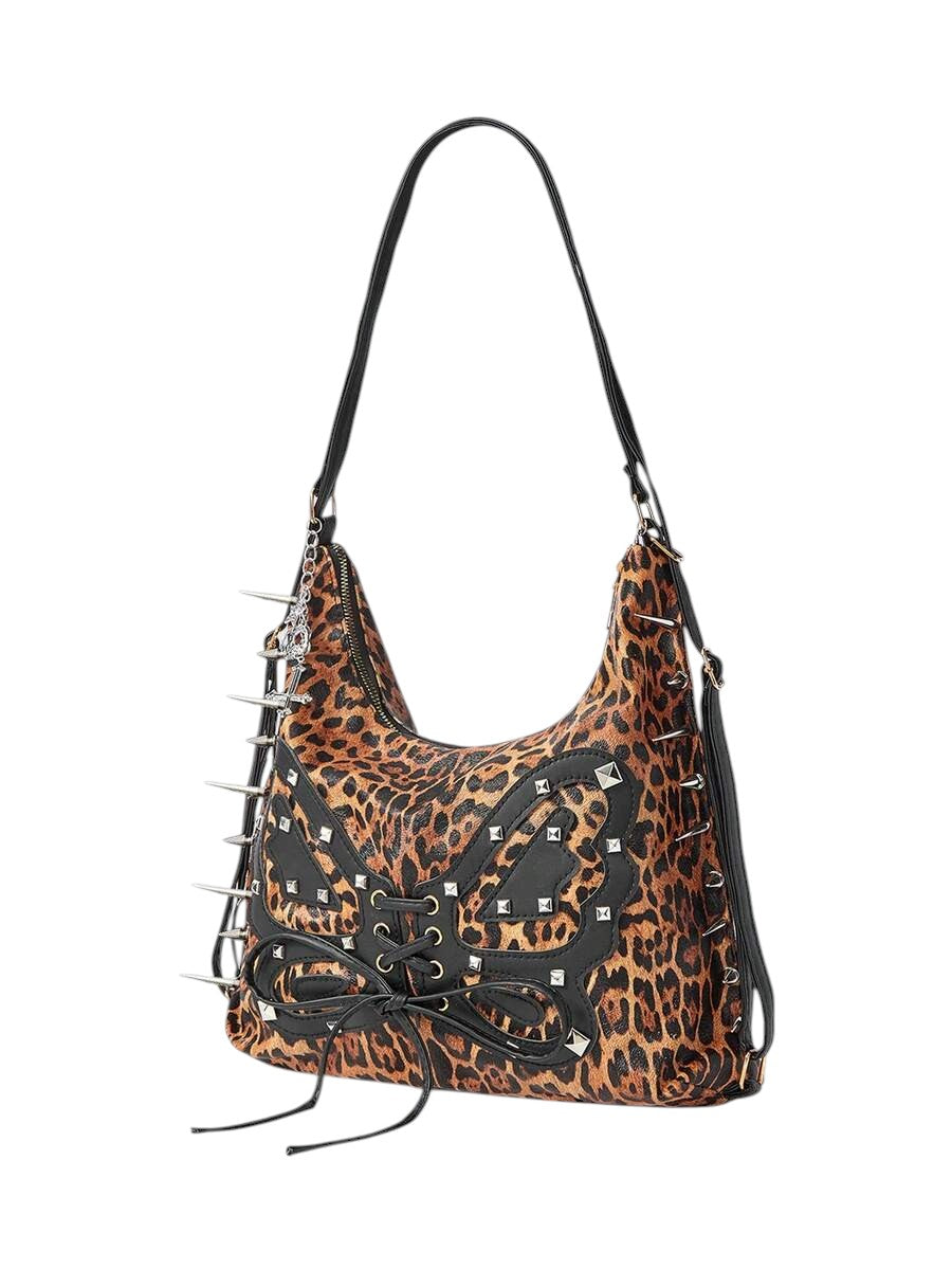 Vintage Leopard Butterfly Studded Shoulder Bag with Chain Charm