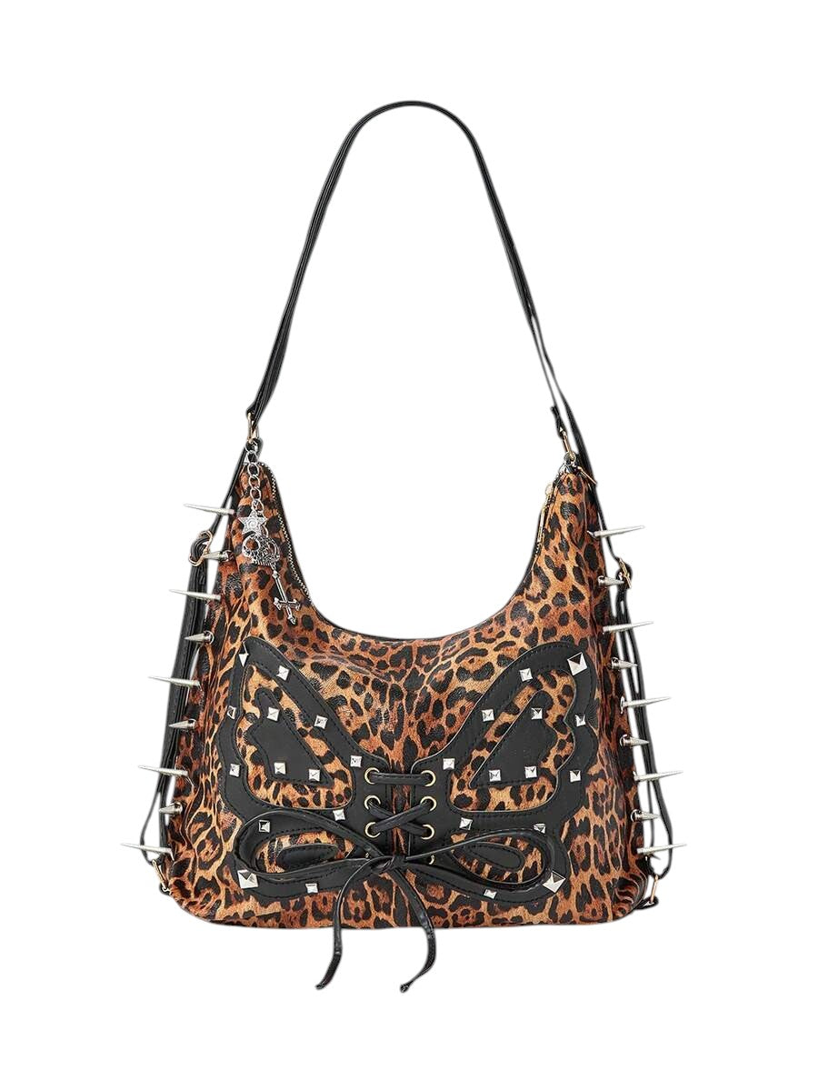 Vintage Leopard Butterfly Studded Shoulder Bag with Chain Charm
