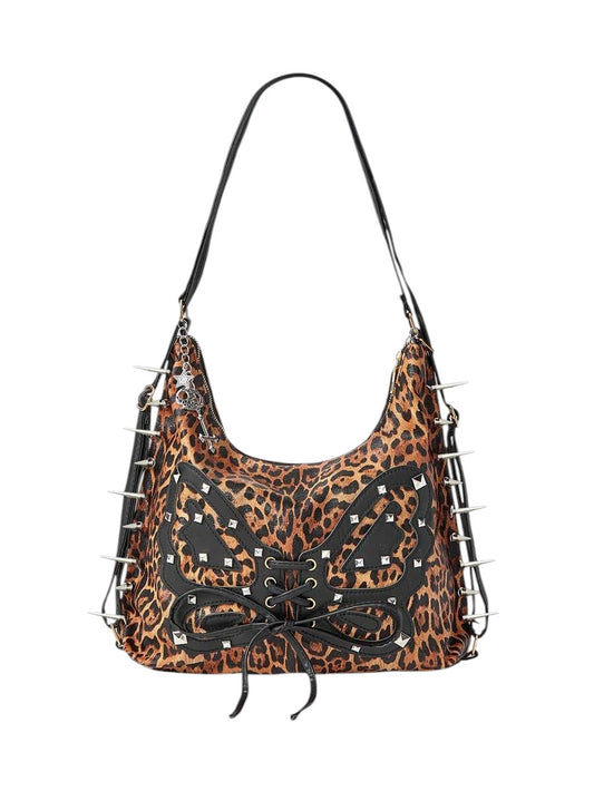 Vintage Leopard Butterfly Studded Shoulder Bag with Chain Charm