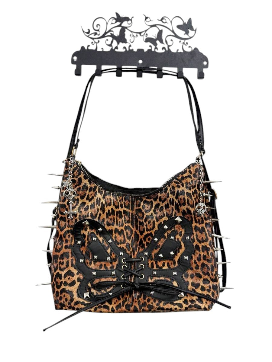 Vintage Leopard Butterfly Studded Shoulder Bag with Chain Charm