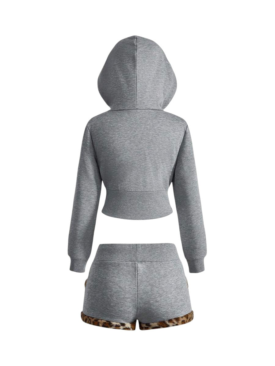 J-Fashion Leopard Print Sweatshirt & Fuzzy Shorts Lounge Co-Ord Set