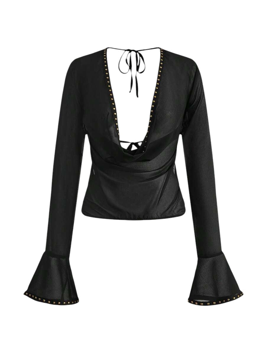 Women's Backless Draped Neck Criss-Cross Vintage Blouse