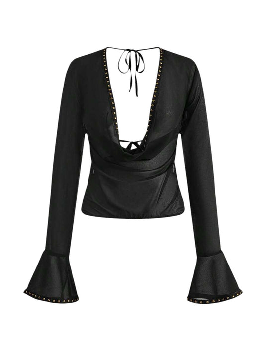 Women's Backless Draped Neck Criss-Cross Vintage Blouse