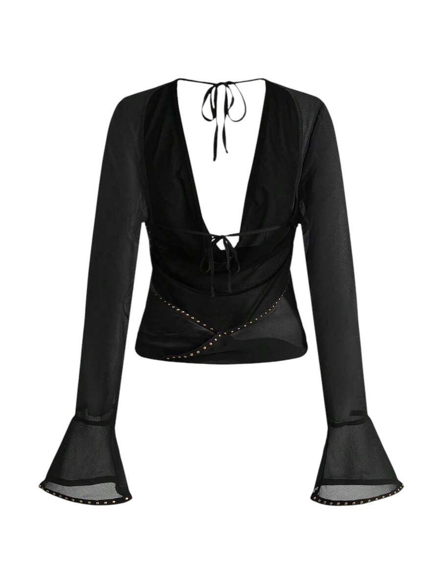 Women's Backless Draped Neck Criss-Cross Vintage Blouse