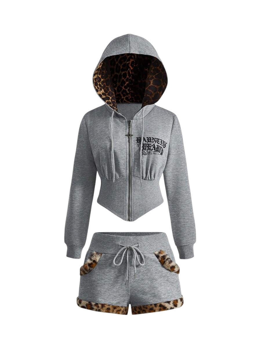 J-Fashion Leopard Print Sweatshirt & Fuzzy Shorts Lounge Co-Ord Set