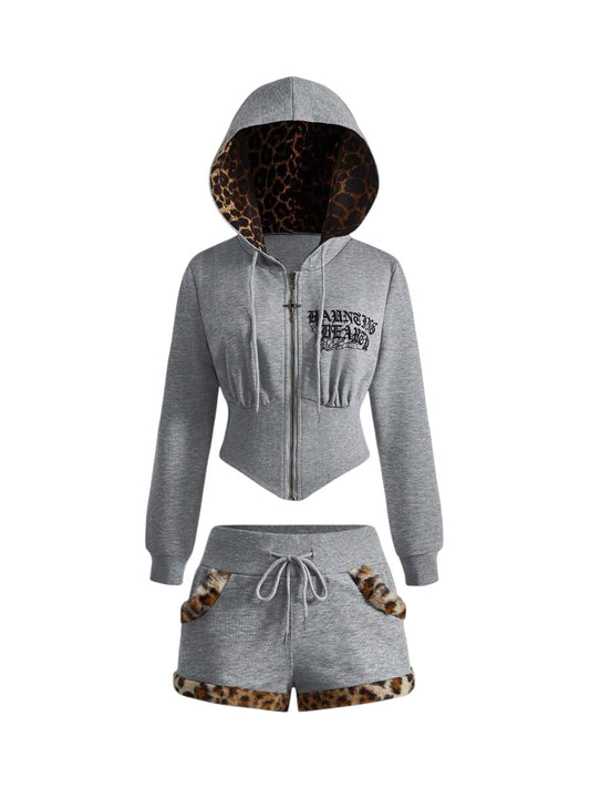J-Fashion Leopard Print Sweatshirt & Fuzzy Shorts Lounge Co-Ord Set