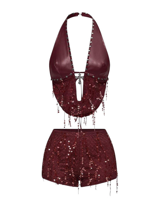 Metal Cross Halter Fishnet PU Two-Piece Set