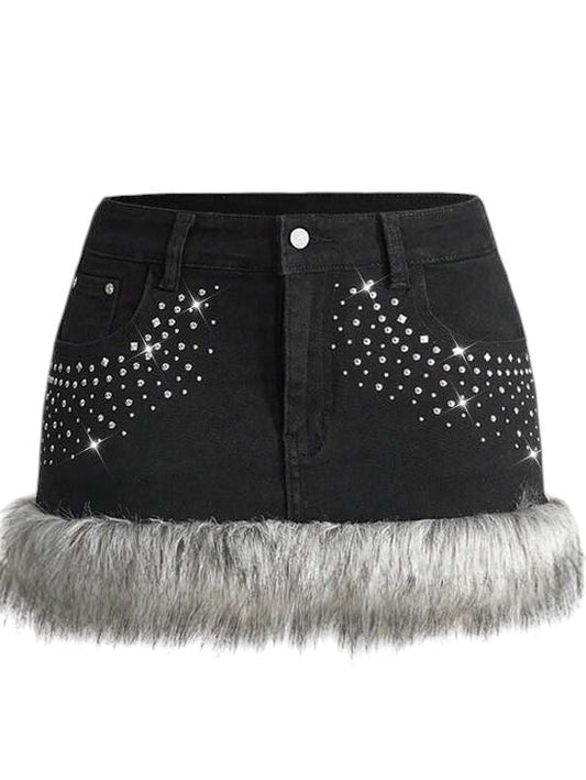 Women's Faux Fur Low-Waist Denim Mini Skirt