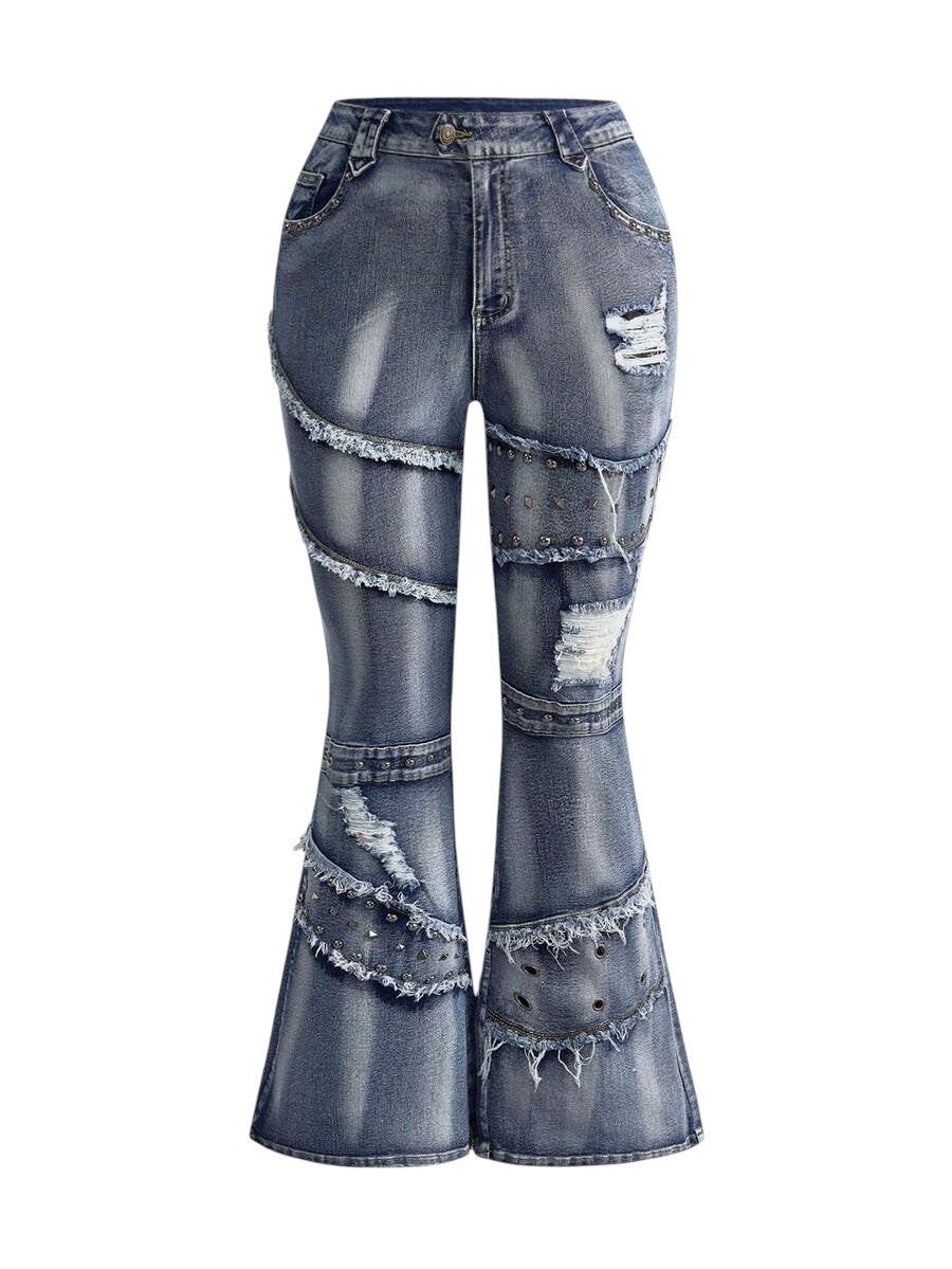 Plus Size Y2K Rivet Distressed Skinny Flare Denim Jeans