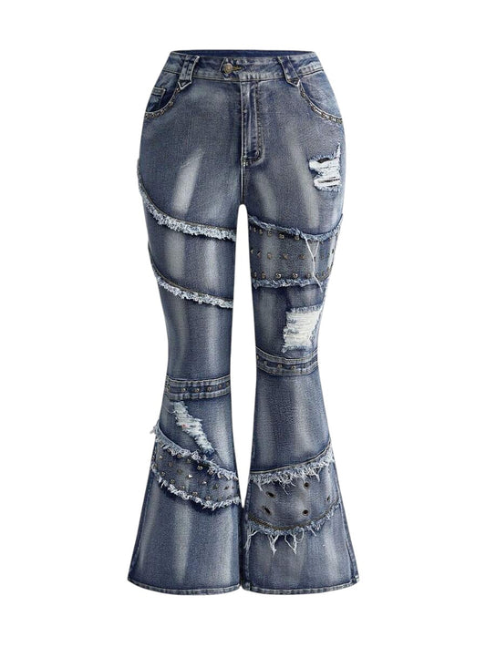 Plus Size Y2K Rivet Distressed Skinny Flare Denim Jeans