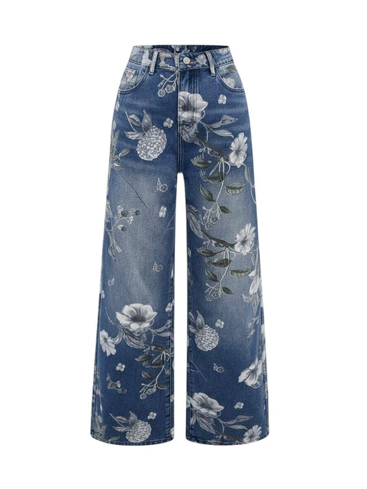 Blue Fairycore Vintage Floral Print Washed Wide Leg Denim Jeans