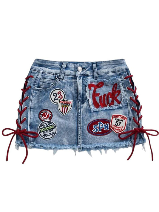 Retro Sports Logo Low Rise Blue Denim Mini Skirt
