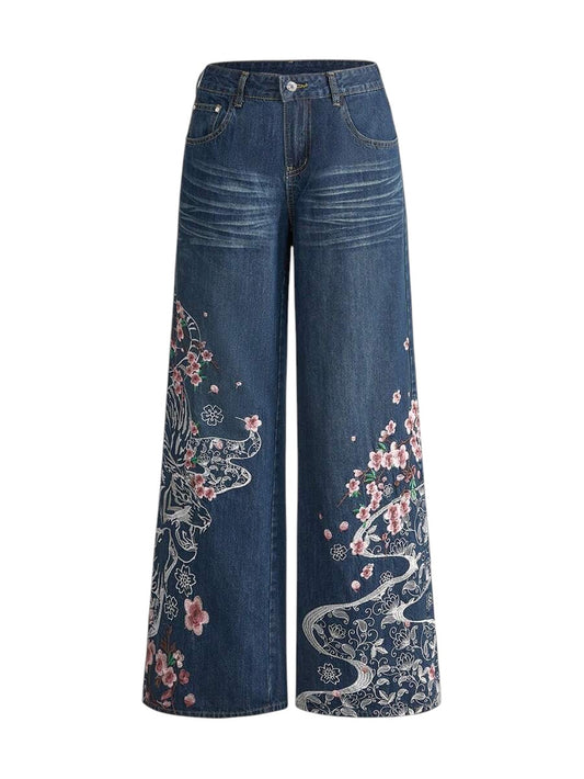 Chinese Tiger Embroidered Wide Leg Denim Jeans