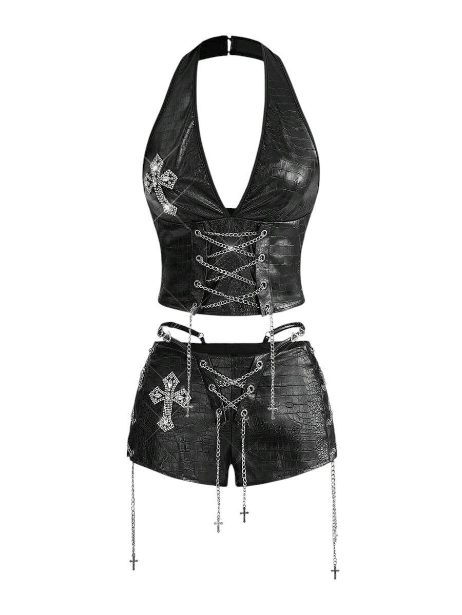Retro Gyaru Black PU Halter Crop Top & Ultra Low Rise Bodycon Shorts Set