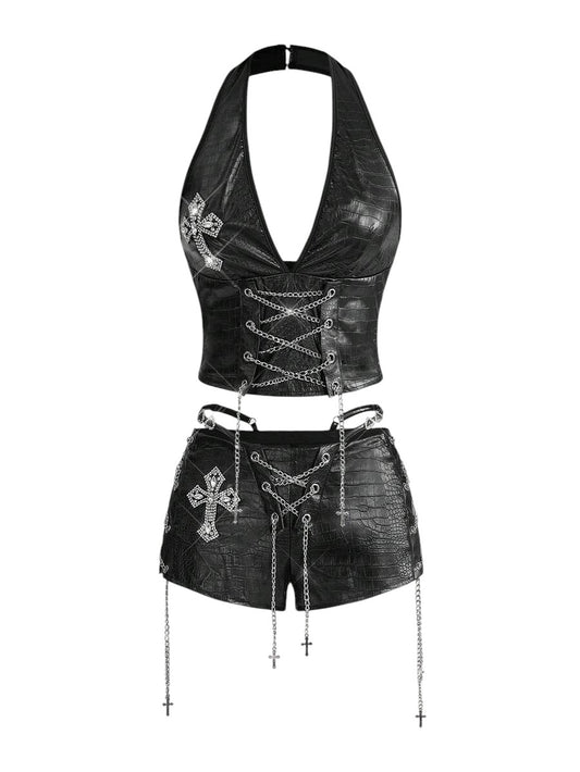 Retro Gyaru Black PU Halter Crop Top & Ultra Low Rise Bodycon Shorts Set
