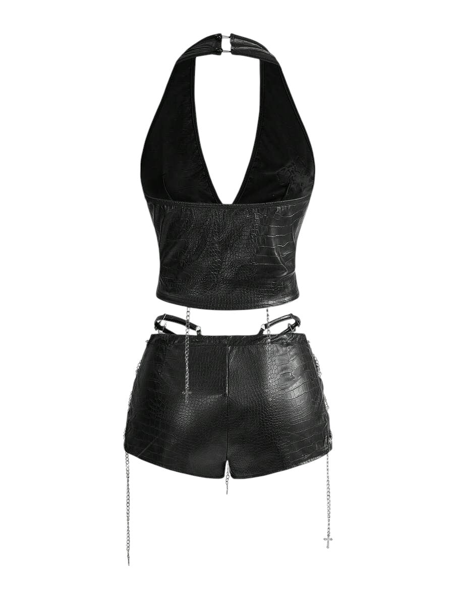 Retro Gyaru Black PU Halter Crop Top & Ultra Low Rise Bodycon Shorts Set