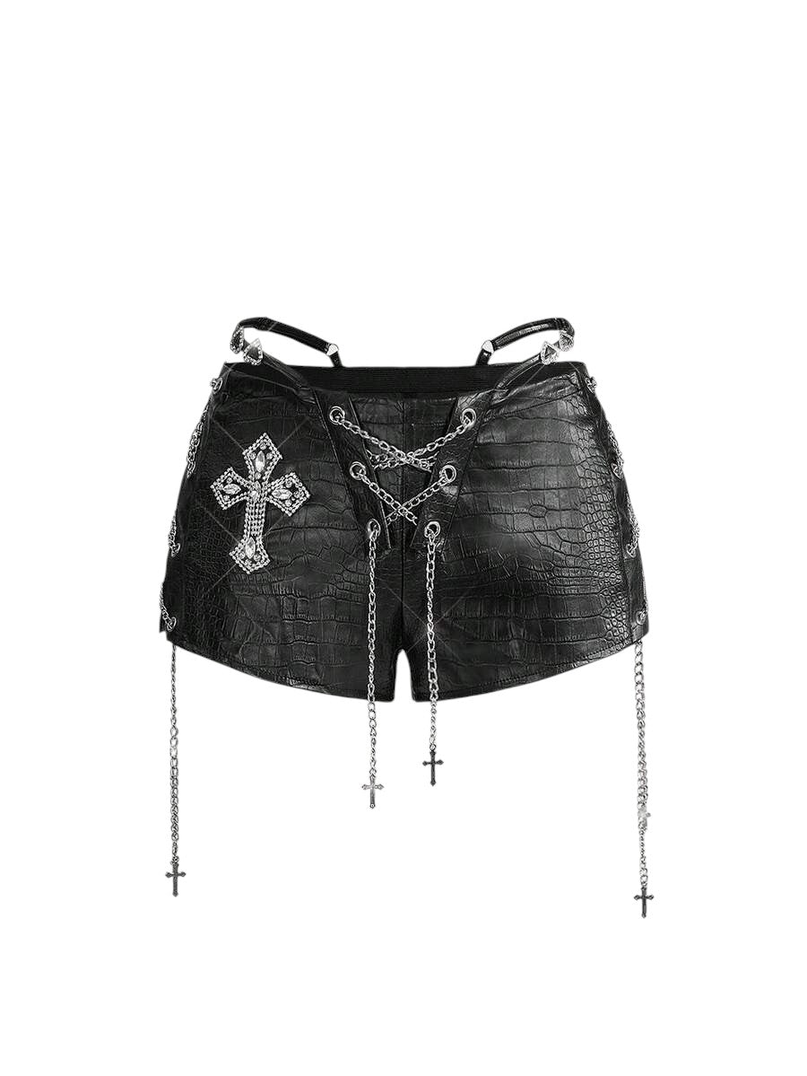 Retro Gyaru Black PU Halter Crop Top & Ultra Low Rise Bodycon Shorts Set