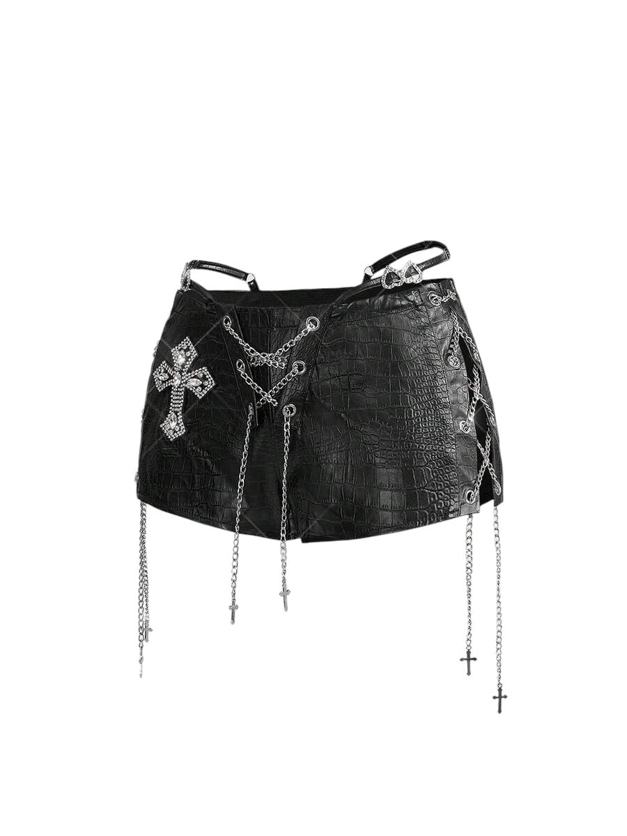 Retro Gyaru Black PU Halter Crop Top & Ultra Low Rise Bodycon Shorts Set