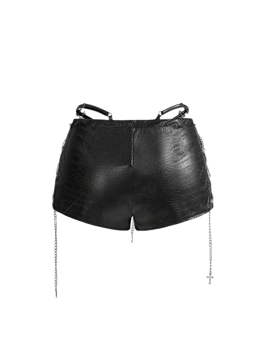 Retro Gyaru Black PU Halter Crop Top & Ultra Low Rise Bodycon Shorts Set
