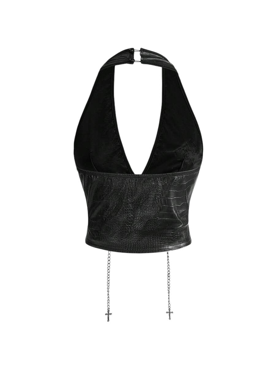 Retro Gyaru Black PU Halter Crop Top & Ultra Low Rise Bodycon Shorts Set