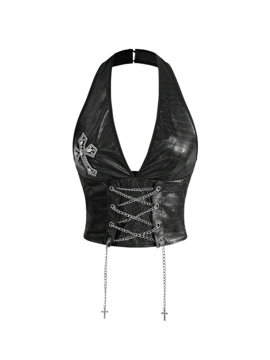 Retro Gyaru Black PU Halter Crop Top & Ultra Low Rise Bodycon Shorts Set
