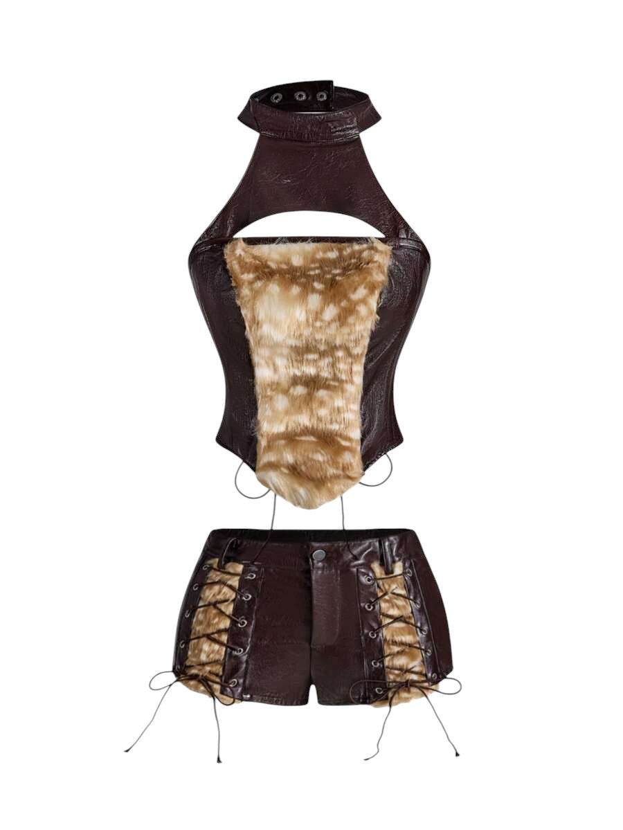 Vintage Deer Print Lace Cami & PU Low Waist Mini Shorts Country Co-Ord Set