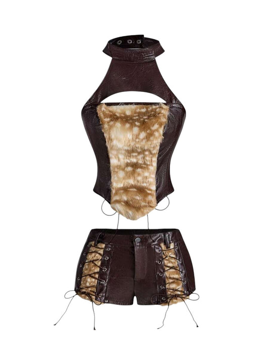 Vintage Deer Print Lace Cami & PU Low Waist Mini Shorts Country Co-Ord Set