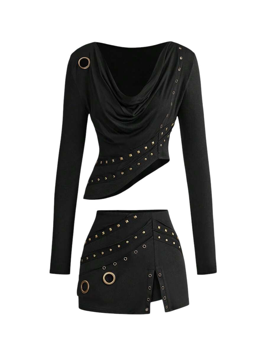 Vintage Punk Draped Neck Grommet Top & Low Waist Mini Skirt Co-Ord Set