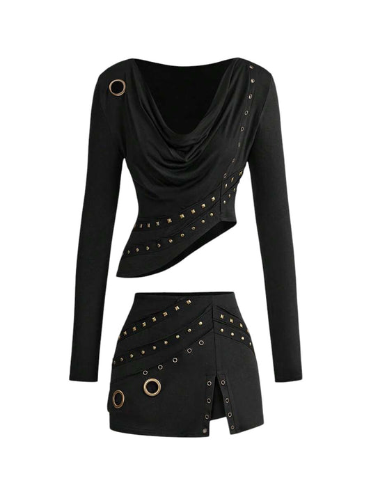 Vintage Punk Draped Neck Grommet Top & Low Waist Mini Skirt Co-Ord Set