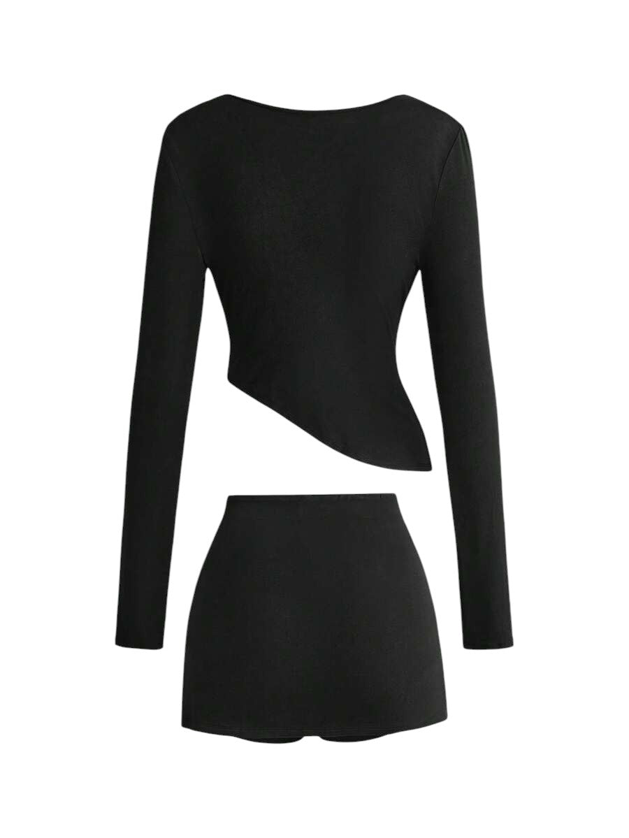 Vintage Punk Draped Neck Grommet Top & Low Waist Mini Skirt Co-Ord Set