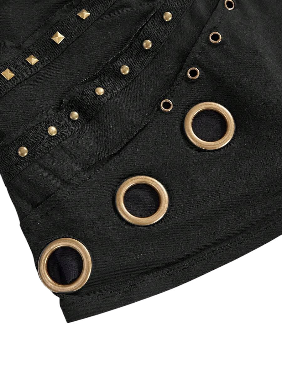 Vintage Punk Draped Neck Grommet Top & Low Waist Mini Skirt Co-Ord Set