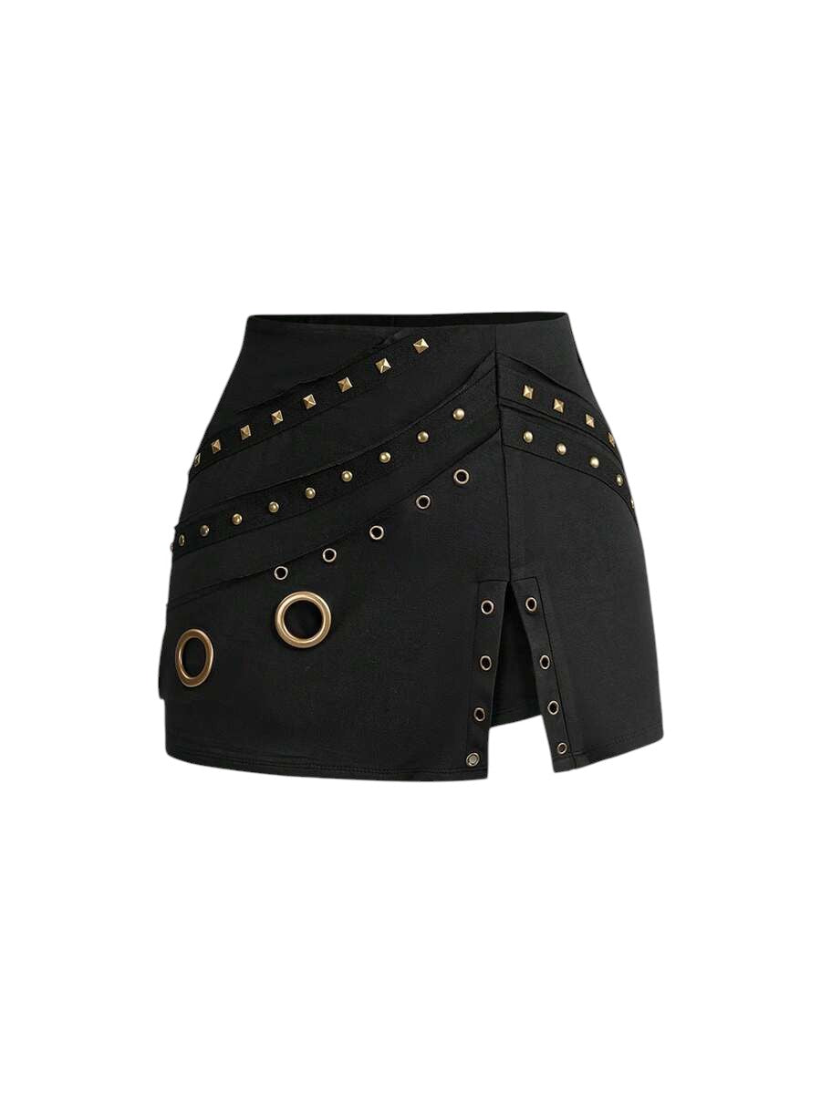 Vintage Punk Draped Neck Grommet Top & Low Waist Mini Skirt Co-Ord Set